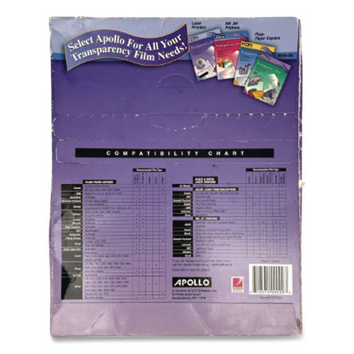 Image of Apollo® VCG7060E-A Laser Transparency Film, 8.5 X 11, Black On Clear, 50/box