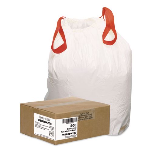 Image of Draw 'n Tie® 1518605 Heavy-Duty Trash Bags, Drawstring, 13 gal, 24.5" x 27.38", White, 50 Bags/Roll, 4 Rolls/Box