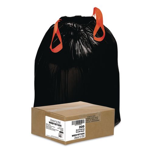 Image of Draw 'n Tie® 1518606 Heavy-Duty Trash Bags, Drawstring, 30 gal, 1.2 mil, 30.5" x 33", Black, 25 Bags/Roll, 8 Rolls/Box