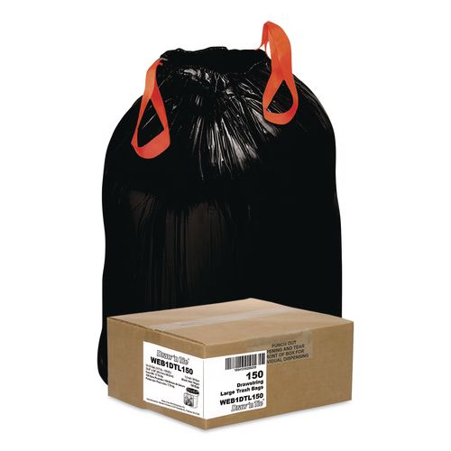 Image of Draw 'n Tie® 1518607 Heavy-Duty Trash Bags, Drawstring, 33 gal, 1.2 mil, 33.5" x 38", Black, 25 Bags/Roll, 6 Rolls/Box