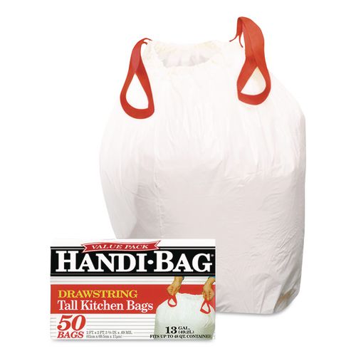 Image of Handi-Bag® 1516848 Drawstring Kitchen Bags, 13 gal, 24" x 27.38", White, 50/Box