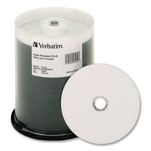 Image of Verbatim® 95252 CD-R Printable Recordable Disc, 700 MB, 52x, Spindle, White, 100/Pack