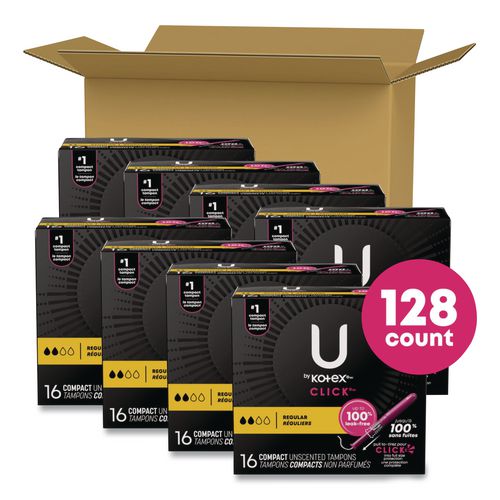 Image of Kotex® 53445 U by Kotex Click Compact Tampons, Regular Absorbency, 16/Pack, 8 Packs/Carton