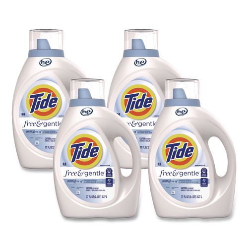 Image of Tide® Free and Gentle Liquid Laundry Detergent, HE Compatible, 64 Loads, 84 oz Bottle, 4/Carton