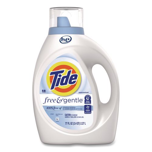 Image of Tide® Free and Gentle Liquid Laundry Detergent, HE Compatible, 64 Loads, 84 oz Bottle, 4/Carton