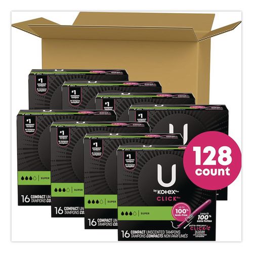Image of Kotex® 51581 U by Kotex Click Compact Tampons, Super Absorbency, 16/Pack, 8 Packs/Carton