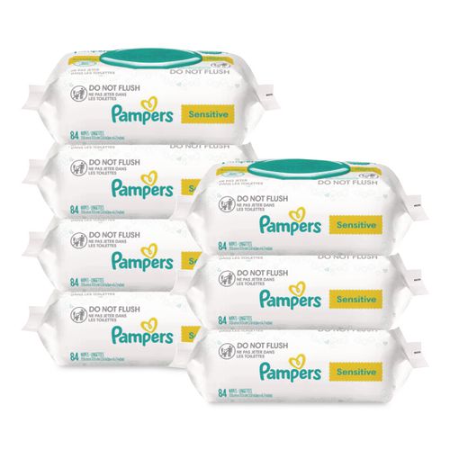 Image of Pampers® 80715533 Sensitive Baby Wipes, 1-Ply, 6.7 x 7, Unscented, White, 84/Pack, 7/Carton