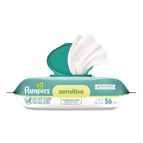 Image of Pampers® 80741436 Sensitive Baby Wipes, 1-Ply, 6.8 x 7, Unscented, White, 56/Pack