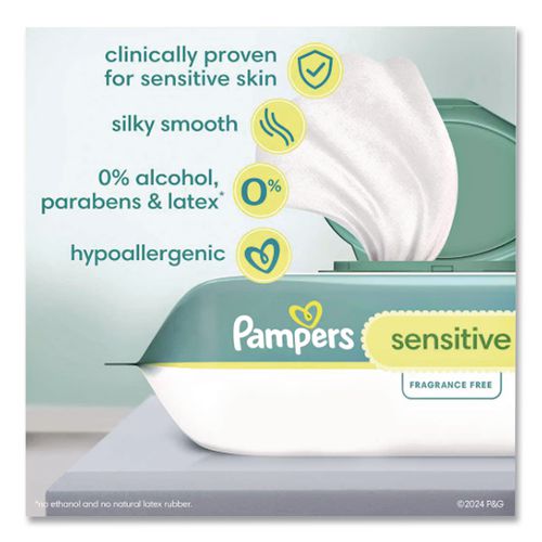 Image of Pampers® 80741436 Sensitive Baby Wipes, 1-Ply, 6.8 x 7, Unscented, White, 56/Pack
