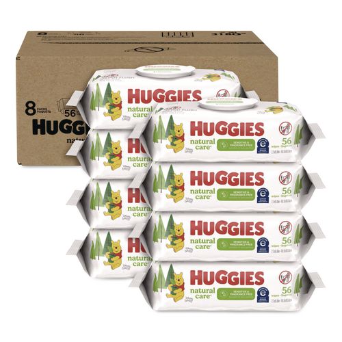 Image of Huggies® 31803 Natural Care Sensitive Baby Wipes, 1-Ply, 3.88 x 6.6, Unscented, White, 56/Pack, 8 Packs/Carton