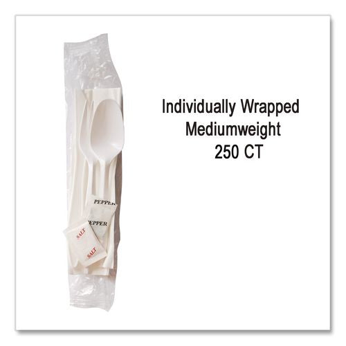 Image of Berkley Square BEP1239-S/P Mediumweight Cutlery Kit, Fork/Knife/Napkin/Pepper/Salt/Spoon, Plastic, White, 250/Carton