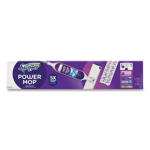 Image of Swiffer® 80714901 PowerMop Starter Kit, 15.4 x 5.3 White/Purple Cloth Head, 26" Silver Aluminum Handle