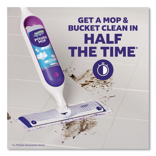 Image of Swiffer® 80714901 PowerMop Starter Kit, 15.4 x 5.3 White/Purple Cloth Head, 26" Silver Aluminum Handle