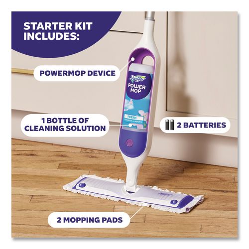 Image of Swiffer® 80714901 PowerMop Starter Kit, 15.4 x 5.3 White/Purple Cloth Head, 26" Silver Aluminum Handle