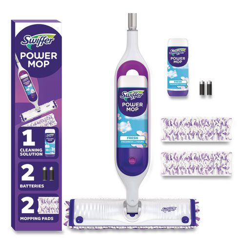 Image of Swiffer® 80714901 PowerMop Starter Kit, 15.4 x 5.3 White/Purple Cloth Head, 26" Silver Aluminum Handle