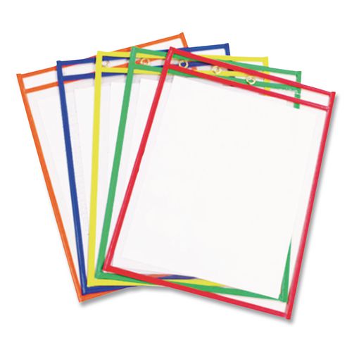 Image of C-Line® 40630 Reusable Dry Erase Pockets, Super Heavy-Duty, Top Load 9 x 12 Insert, Clear Front, Assorted Border Colors, 5/Pack