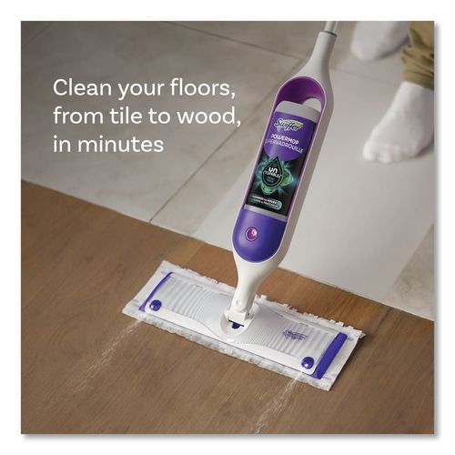 Image of Swiffer® 80714901 PowerMop Starter Kit, 15.4 x 5.3 White/Purple Cloth Head, 26" Silver Aluminum Handle