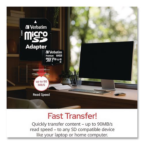 Image of Verbatim® 44084 64gb Premium Microsdxc Memory Card With Adapter, Uhs-I V10 U1 Class 10, Up To 90mb/s Read Speed