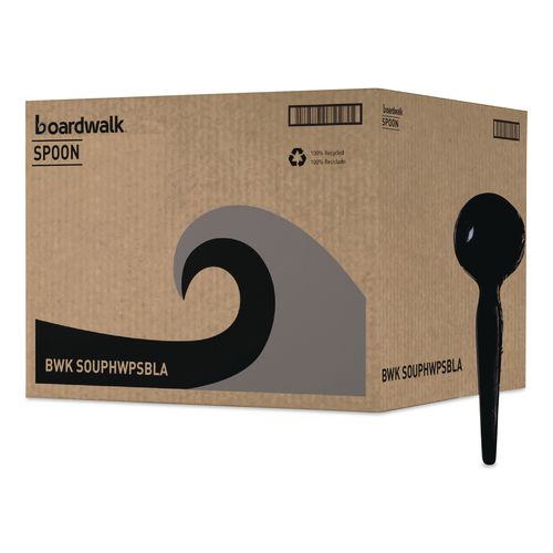 Image of Boardwalk® BWKSOUPHWPSBLA Heavyweight Polystyrene Cutlery, Soup Spoon, Plastic, Black, 1,000/Carton