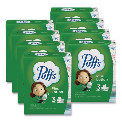 Image of Puffs® 39363 Plus Lotion Facial Tissue, 2-Ply, White, 124 Sheets/Box, 3 Box/Pack, 8 Packs/Carton