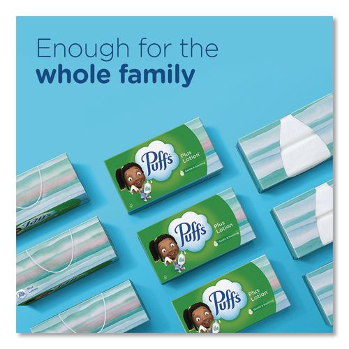 Image of Puffs® 39363 Plus Lotion Facial Tissue, 2-Ply, White, 124 Sheets/Box, 3 Box/Pack, 8 Packs/Carton