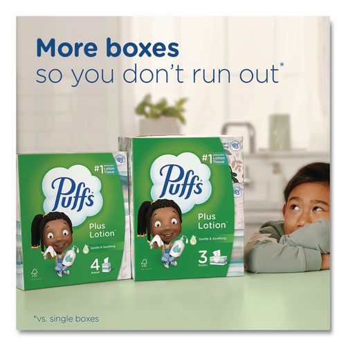 Image of Puffs® 39363 Plus Lotion Facial Tissue, 2-Ply, White, 124 Sheets/Box, 3 Box/Pack, 8 Packs/Carton