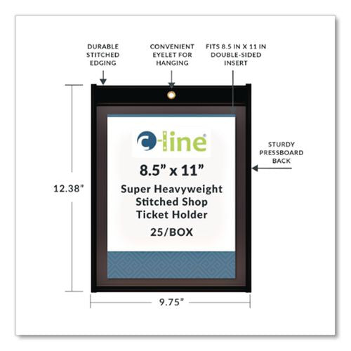 Image of C-Line® 45911 Stitched Shop Ticket Holders, Super Heavy-Duty, 8.5 x 11 Insert, Clear Front, Black Pressboard Back, Black Border, 25/Box