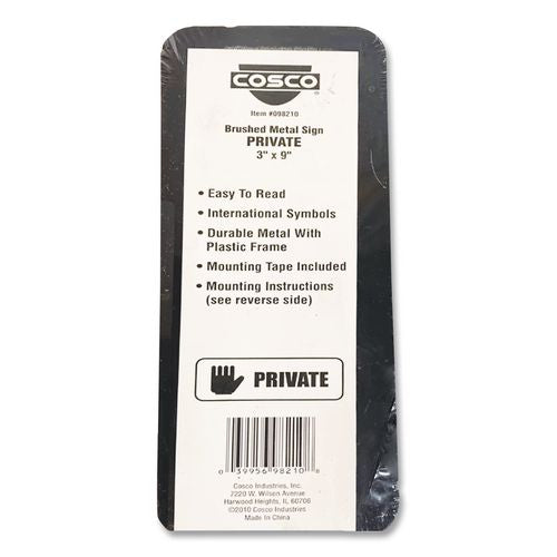 Image of COSCO 098210 Brushed Metal Office Sign, Private, 9 X 3, Silver