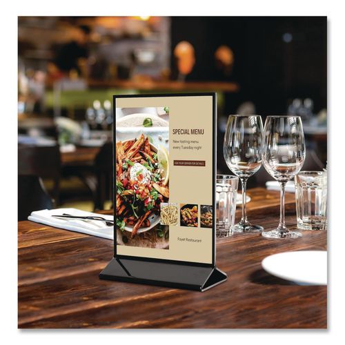 Image of deflecto® 4428 Tabletop Sign and Menu Holder, 4 x 6 Insert, Clear with Black Frame