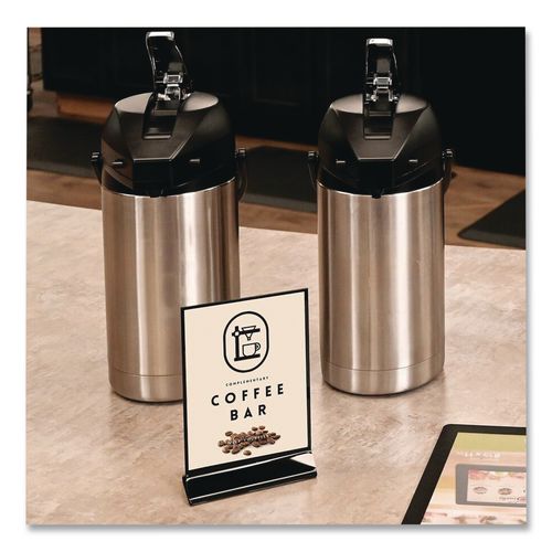 Image of deflecto® 4429 Tabletop Sign and Menu Holder, 5 x 7 Insert, Clear with Black Frame