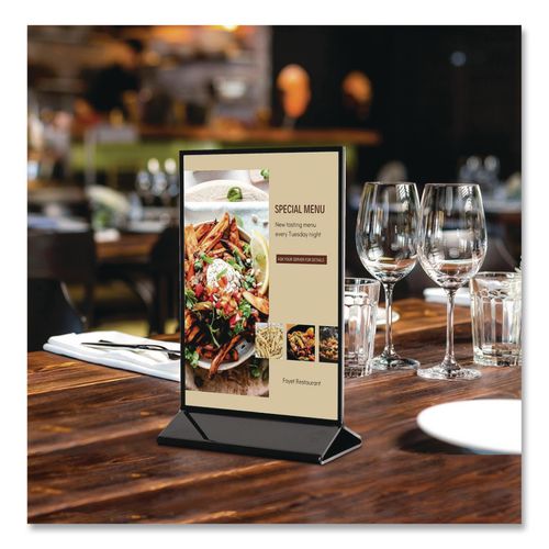 Image of deflecto® 4430 Tabletop Sign and Menu Holder, 8.5 x 11 Insert, Clear with Black Frame