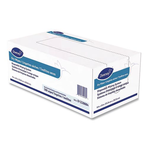Image of Diversey D1228884 Dry Wipe Disposable Wiping System, 1-Ply, 6 x 8, Unscented, White, 500/Box, 4 Boxes/Carton