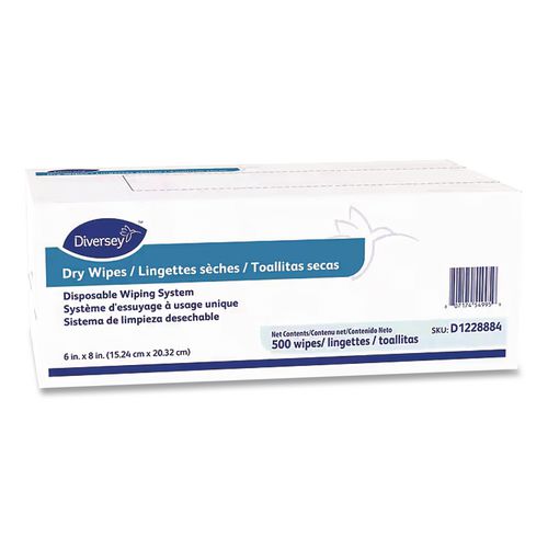 Image of Diversey D1228884 Dry Wipe Disposable Wiping System, 1-Ply, 6 x 8, Unscented, White, 500/Box, 4 Boxes/Carton