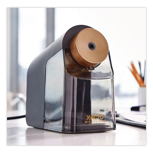 Image of X-ACTO® 1606X Model 1606 Mighty Pro Electric Pencil Sharpener, Ac-Powered, 4 X 8 X 7.5, Black/gold/smoke
