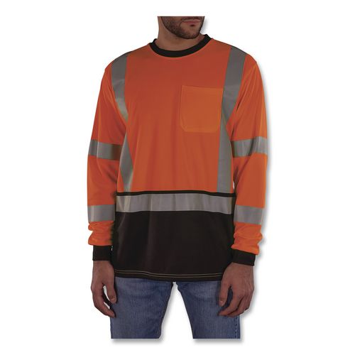 Image of ergodyne® 22225 GloWear 8369BK Class 3 Essential Hi-Vis Long Sleeve T-Shirt with Black Bottom, X-Large, Orange