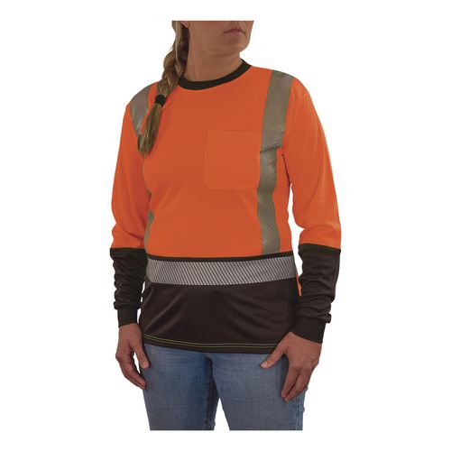 Image of ergodyne® 22341 GloWear 8278BK Class 2 Women's Performance Hi-Vis Long Sleeve T-Shirt with Black Bottom, X-Small, Orange