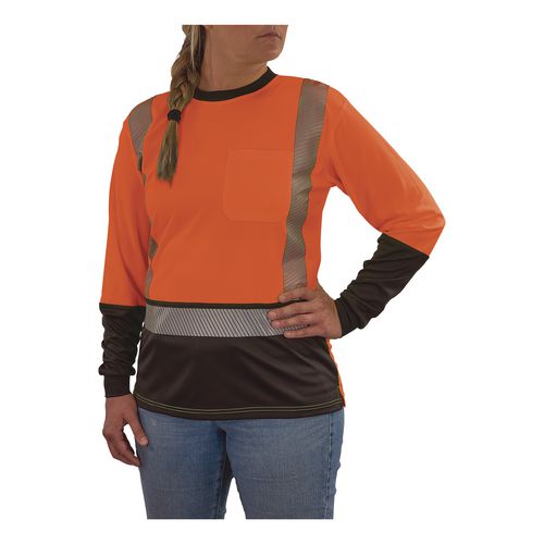 Image of ergodyne® 22341 GloWear 8278BK Class 2 Women's Performance Hi-Vis Long Sleeve T-Shirt with Black Bottom, X-Small, Orange