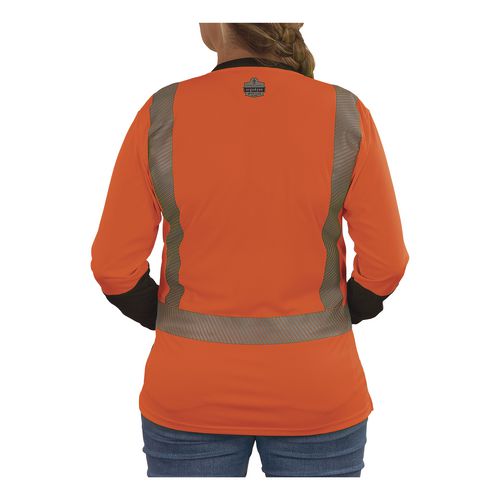 Image of ergodyne® 22341 GloWear 8278BK Class 2 Women's Performance Hi-Vis Long Sleeve T-Shirt with Black Bottom, X-Small, Orange