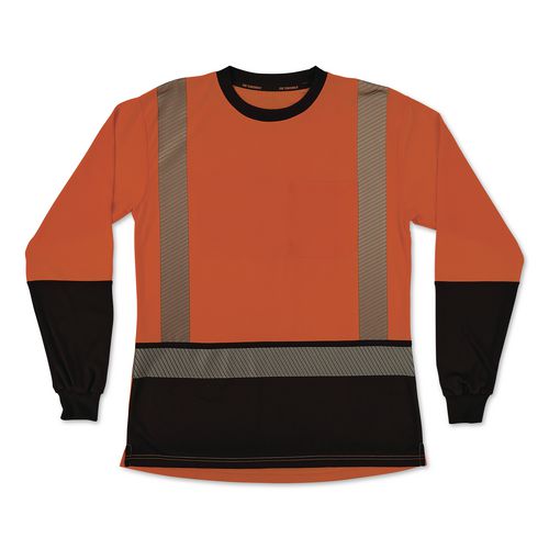 Image of ergodyne® 22341 GloWear 8278BK Class 2 Women's Performance Hi-Vis Long Sleeve T-Shirt with Black Bottom, X-Small, Orange