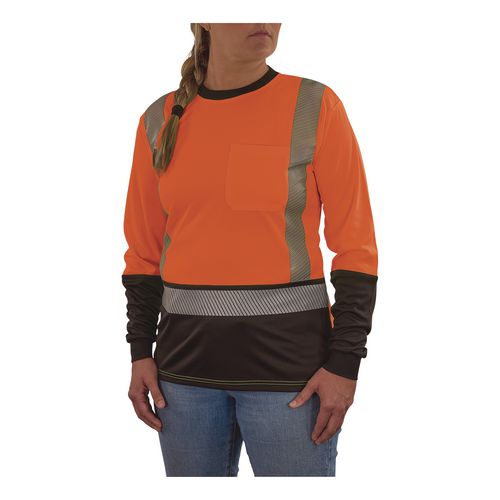 Image of ergodyne® 22342 GloWear 8278BK Class 2 Women's Performance Hi-Vis Long Sleeve T-Shirt with Black Bottom, Small, Orange