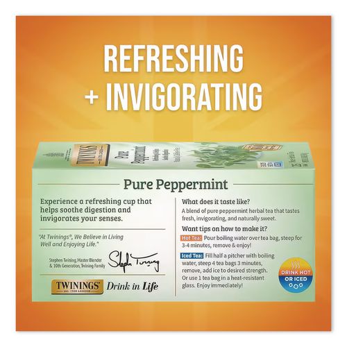 Image of TWININGS® TNA51724 Tea Bags, Pure Peppermint, 1.76 Oz, 25/box