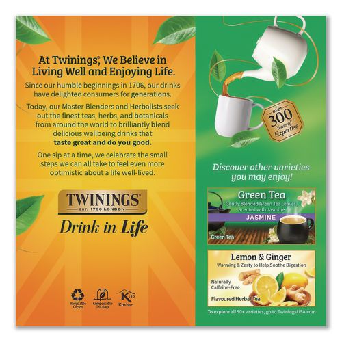 Image of TWININGS® TNA51732 Tea Bags, Green, 1.76 Oz, 25/box