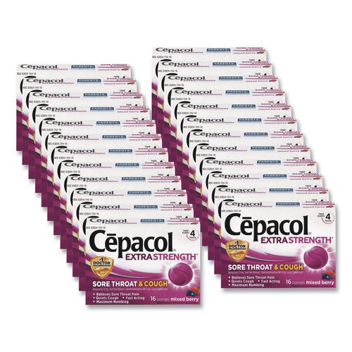 Image of Cepacol® 63824-74016 Extra Strength Sore Throat and Cough Lozenges, Mixed Berry, 16/Pack, 24 Packs/Carton