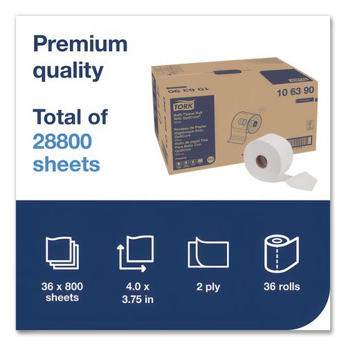 Image of Tork® 106390 Premium Bath Tissue Roll with OptiCore, Septic Safe, 2-Ply, White, 800 Sheets/Roll, 36 Rolls/Carton