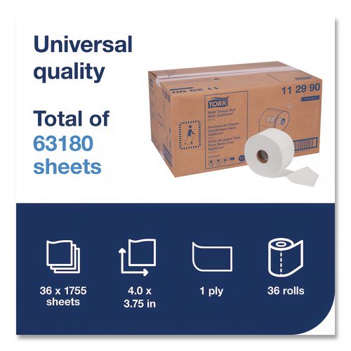 Image of Tork® 112990 Universal Bath Tissue Roll with OptiCore, Septic Safe, 1-Ply, White, 1,755 Sheets/Roll, 36 Rolls/Carton