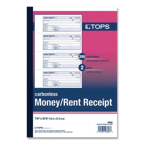 Image of TOPS 46806 Money and Rent Receipt Books, Account + Payment Sections, Two-Part Carbonless, 7.13 x 2.75, 4 Forms/Sheet, 200 Forms Total