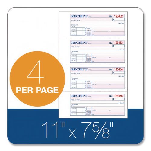 Image of TOPS 46808 Money and Rent Receipt Book, Account + Payment Sections, Three-Part Carbonless, 7.13 x 2.75, 4 Forms/Sheet, 100 Forms Total