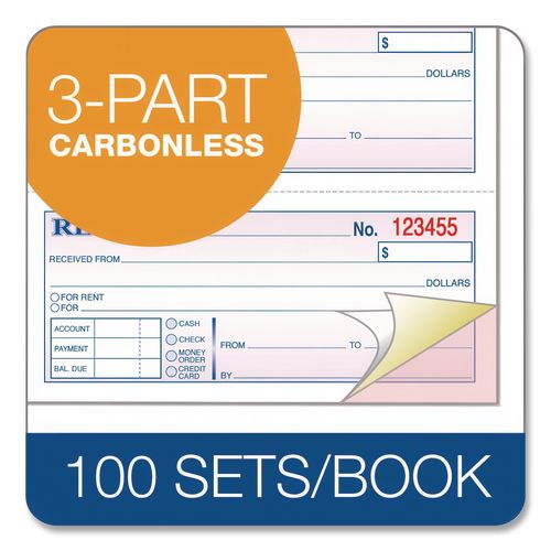 Image of TOPS 46808 Money and Rent Receipt Book, Account + Payment Sections, Three-Part Carbonless, 7.13 x 2.75, 4 Forms/Sheet, 100 Forms Total