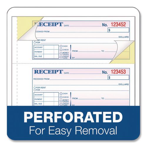 Image of TOPS 46808 Money and Rent Receipt Book, Account + Payment Sections, Three-Part Carbonless, 7.13 x 2.75, 4 Forms/Sheet, 100 Forms Total