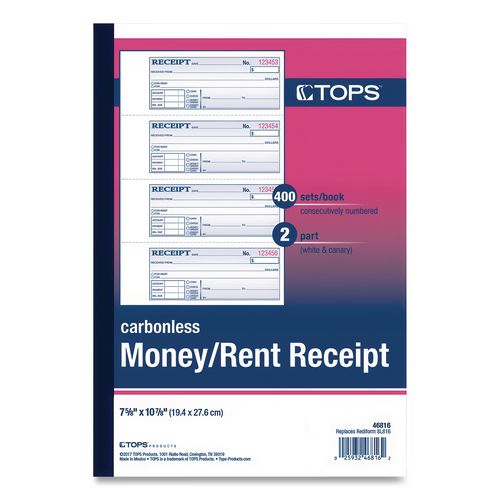 Image of TOPS 46816 Money and Rent Receipt Books, Account + Payment Sections, Two-Part Carbonless, 7.13 x 2.75, 4 Forms/Sheet, 400 Forms Total